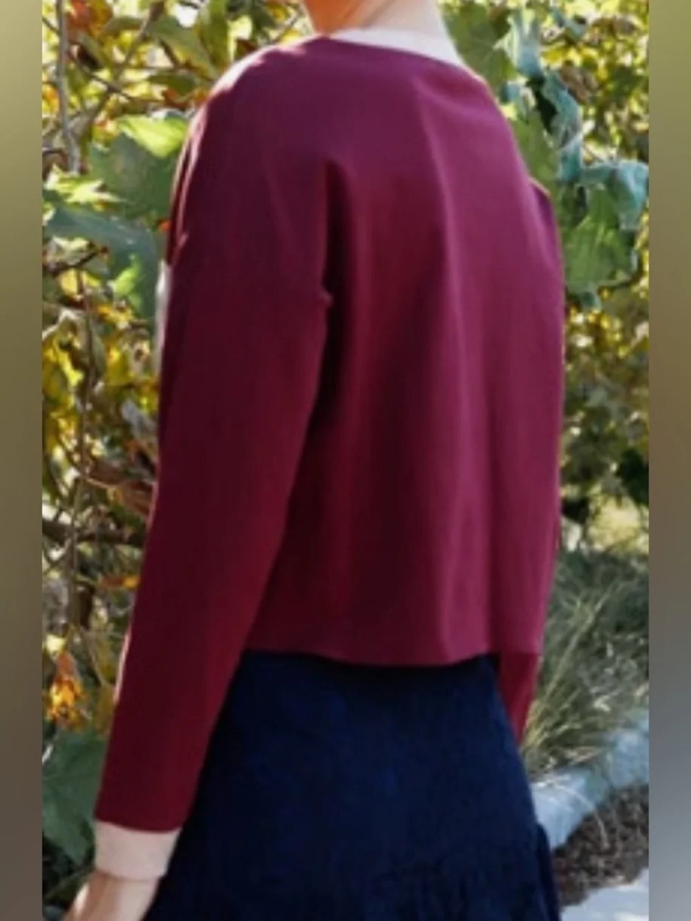 Maroon & Cream Faux Suede Colorblock Crop Pullover Long Sleeve Top: L